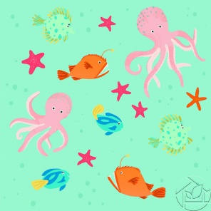 Детская иллюстрация морские обитатели на голубом фоне
