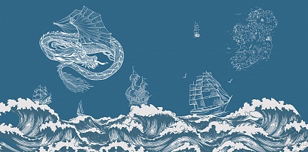 Китайский дракон над волнами на синем фоне