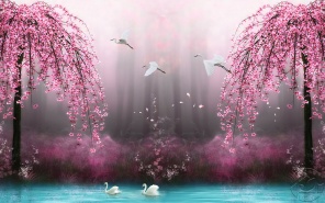 Лебеди и аисты у цветущих деревьев