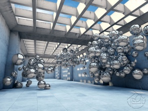 3D абстракция свинцовые шары в бетонном коридоре