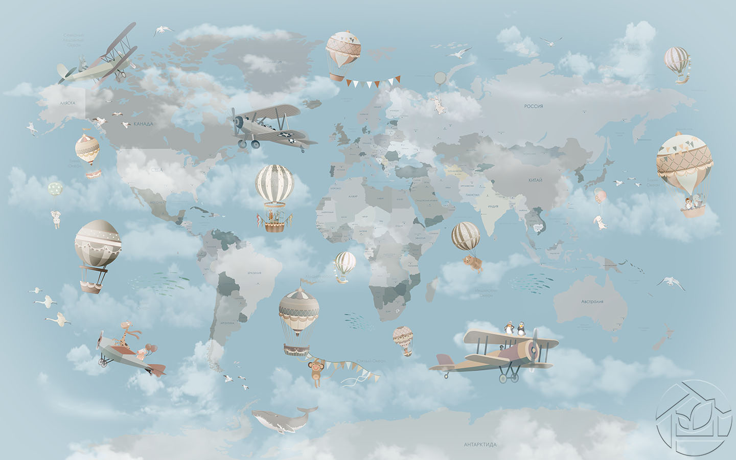 Детская карта Мира в облаках