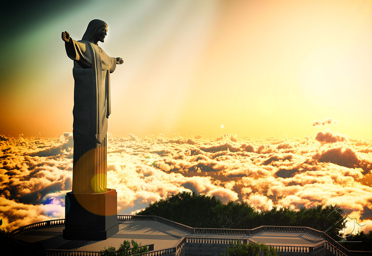 Статуя Христа-Искупителя над багровыми облаками