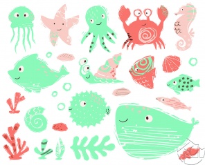 Милые морские обитатели в зелёных тонах