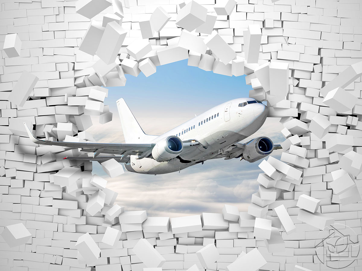 3D абстракция боинг самолёт и преграда в виде стены