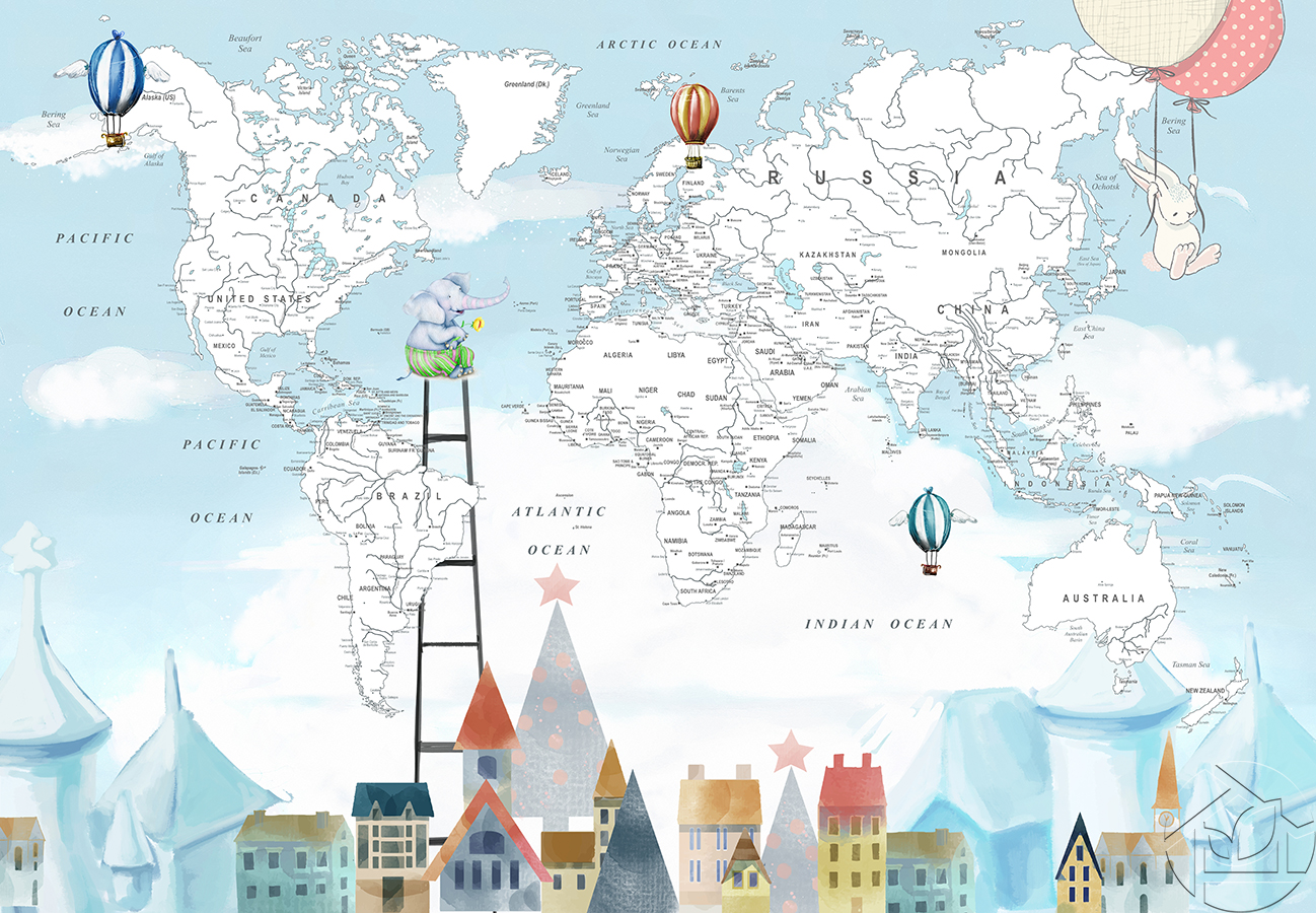 Карта мира на английском языке над домиками