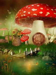 Красочный  домик-гриб у пруда