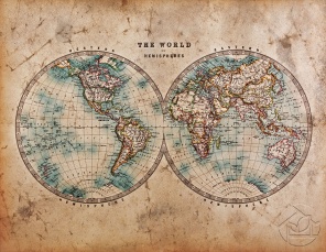 Винтажная карта Мира в двух полушариях
