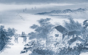Акварель синеватый рисунок домик у воды