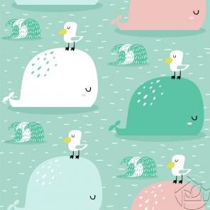 Детская илююстрация чайки и киты
