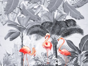 Черно-белые пальмы и красные фламинго