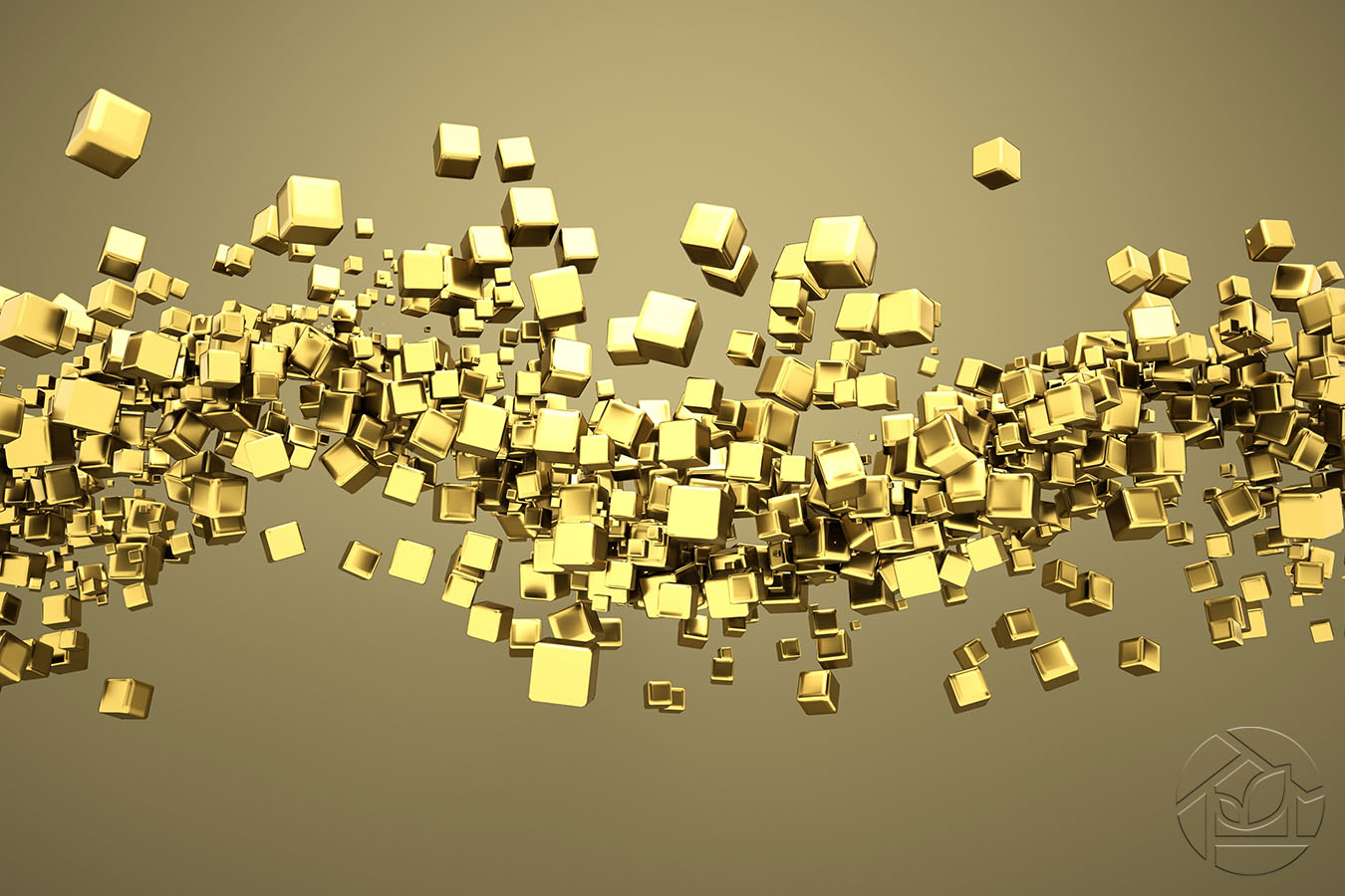 3D абстракция летящие кубики на золотом фоне