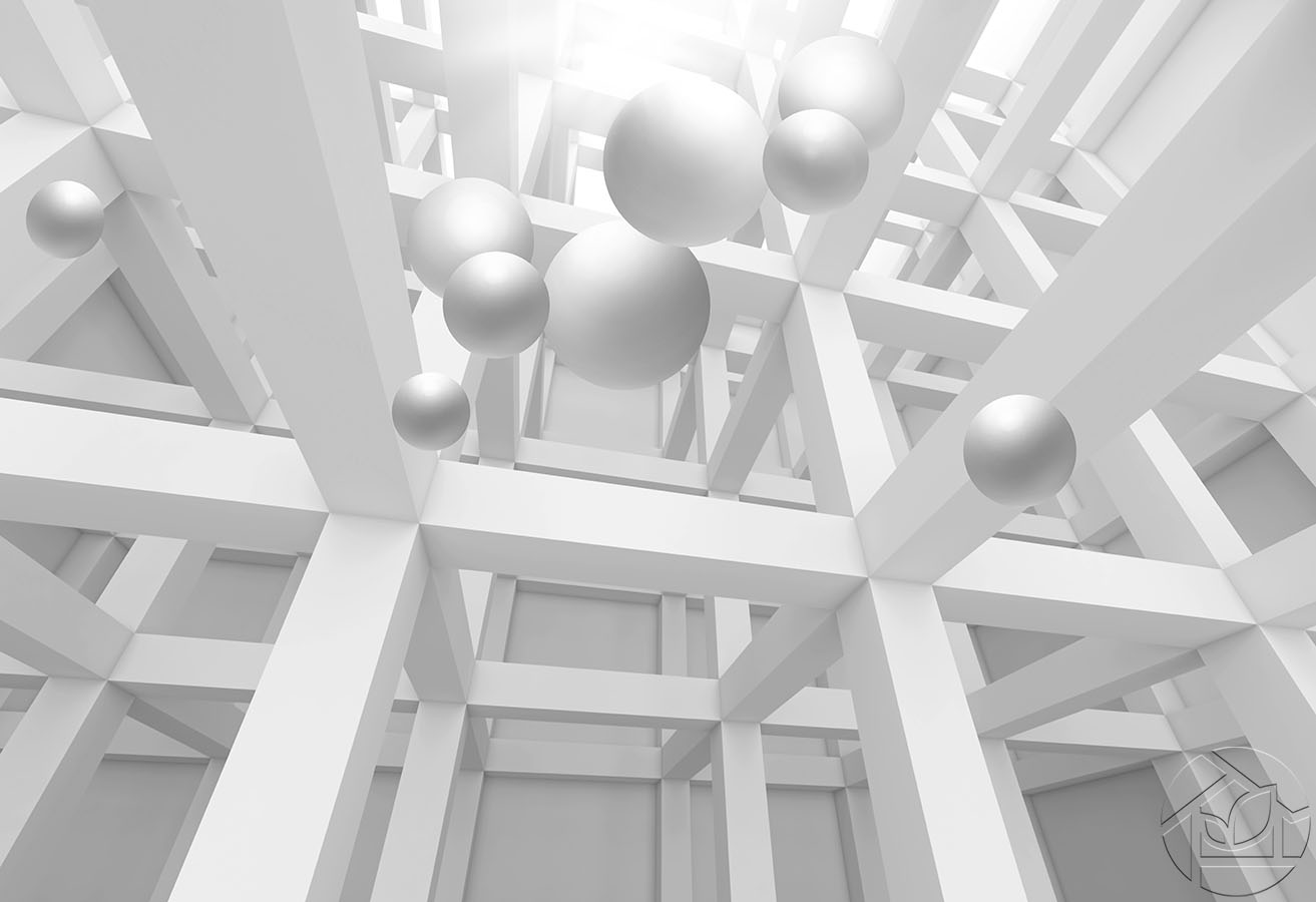 3D абстракция светлые шары на фоне перегородок