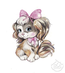 Рисунок: милый щеночек и розовые банты