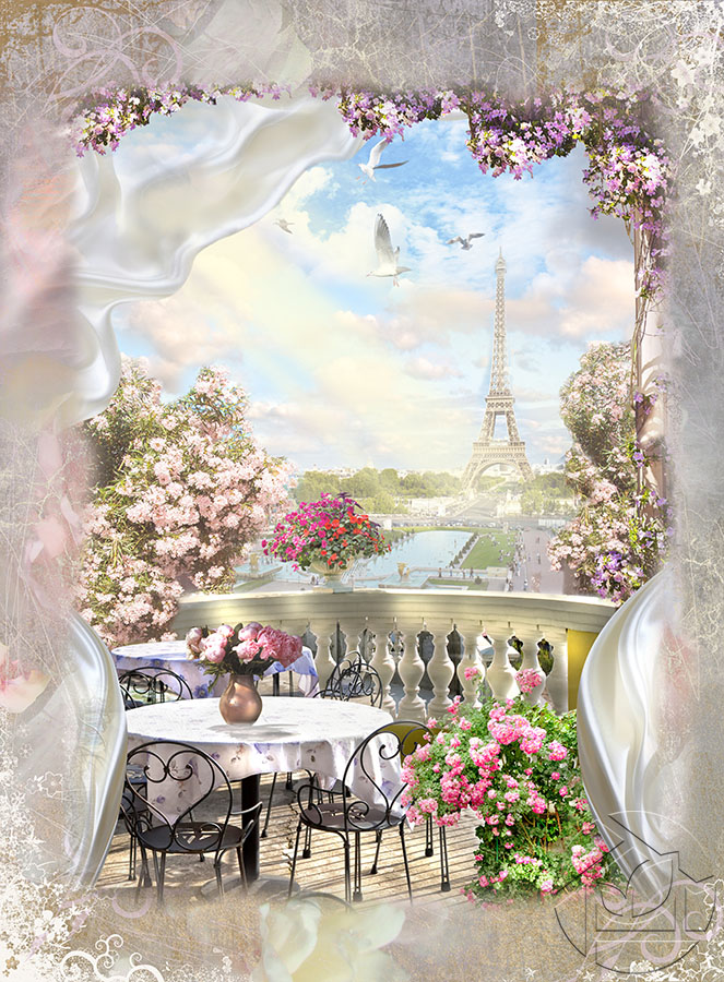 Цветочный балкон с видом на Париж