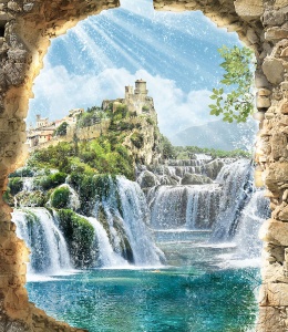 Замок окружённый водопадами