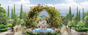 Сад с фонтаном и аркой