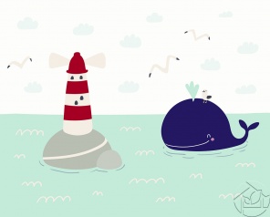 Детский рисунок маяк и кит