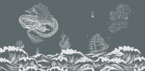 Китайский дракон над волнами на сером фоне