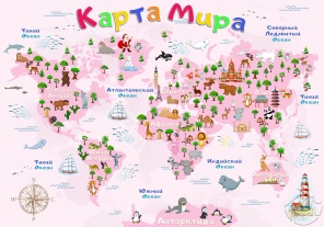 Детская карта Мира в ярко-розовом цвете