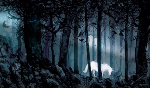 Акварель единорог в тёмном лесу