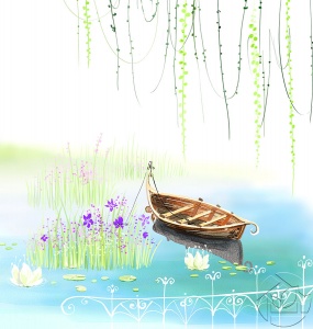Иллюстрация лодка на озере