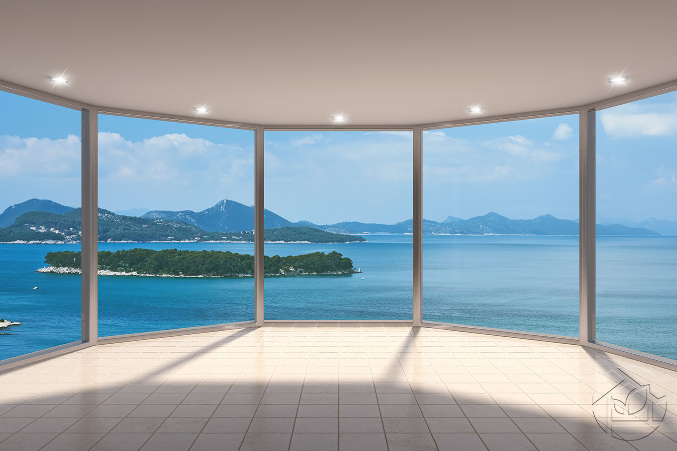 Полукруглая комната с панорамным видом на море и горы