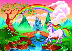 Рисунок Единорог и радуга над замком