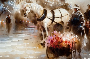 белая лошадь и тележка с цветами