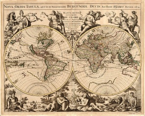 Старинная карта Мира с рисунками, Париж 1694г