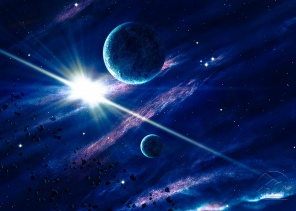 Сверхновая звезда на фоне голубых планет