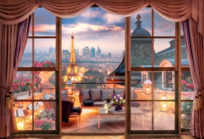 Отдых на балконе с видом на вечерний Париж