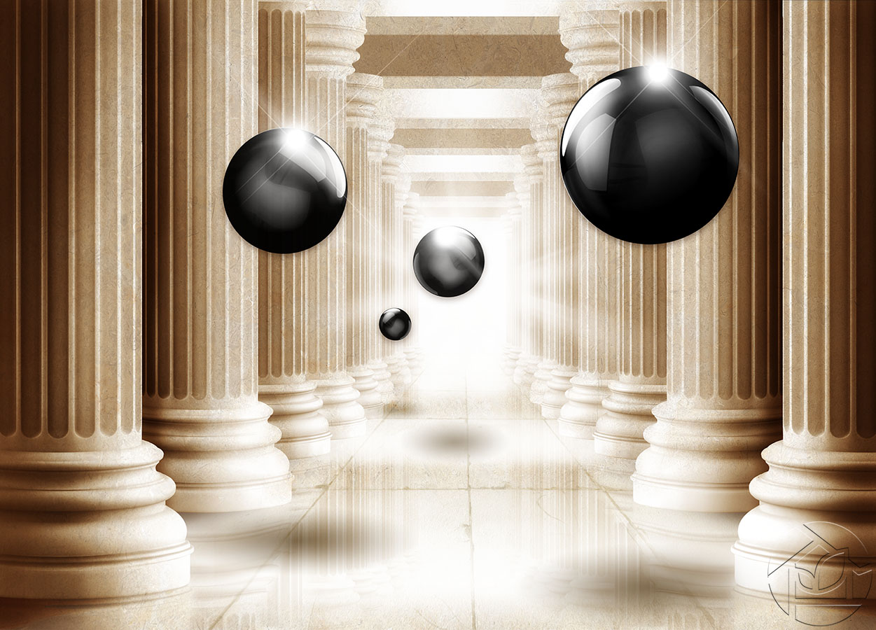3D абстракция тёмные шары на фоне колоннады