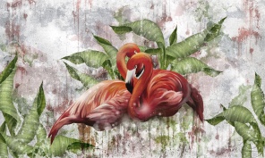 Два фламинго на фоне листьев рисунок на холсте