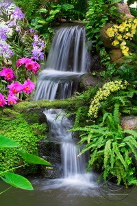 Садовый водопад среди зелени