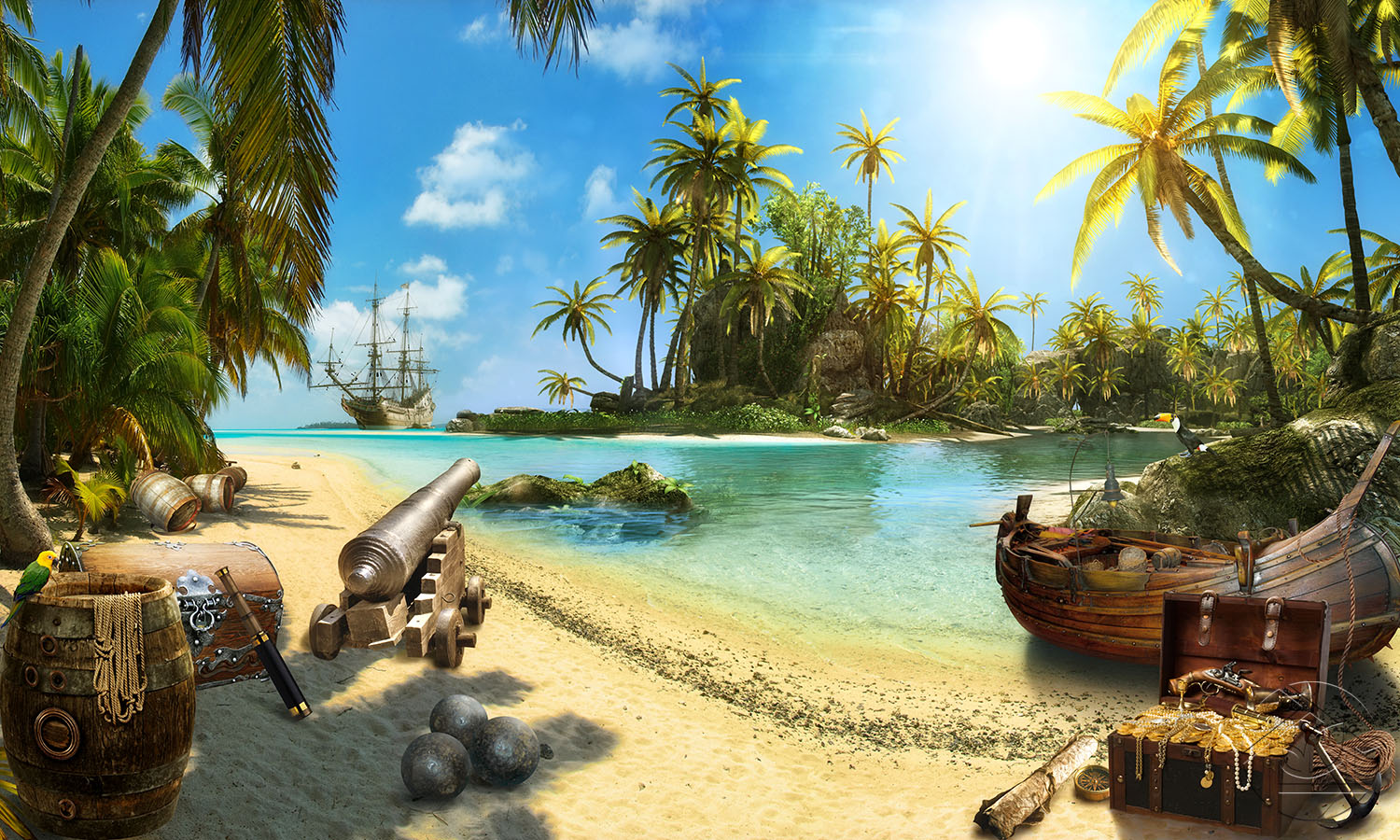 Вид на парусник с пиратского острова