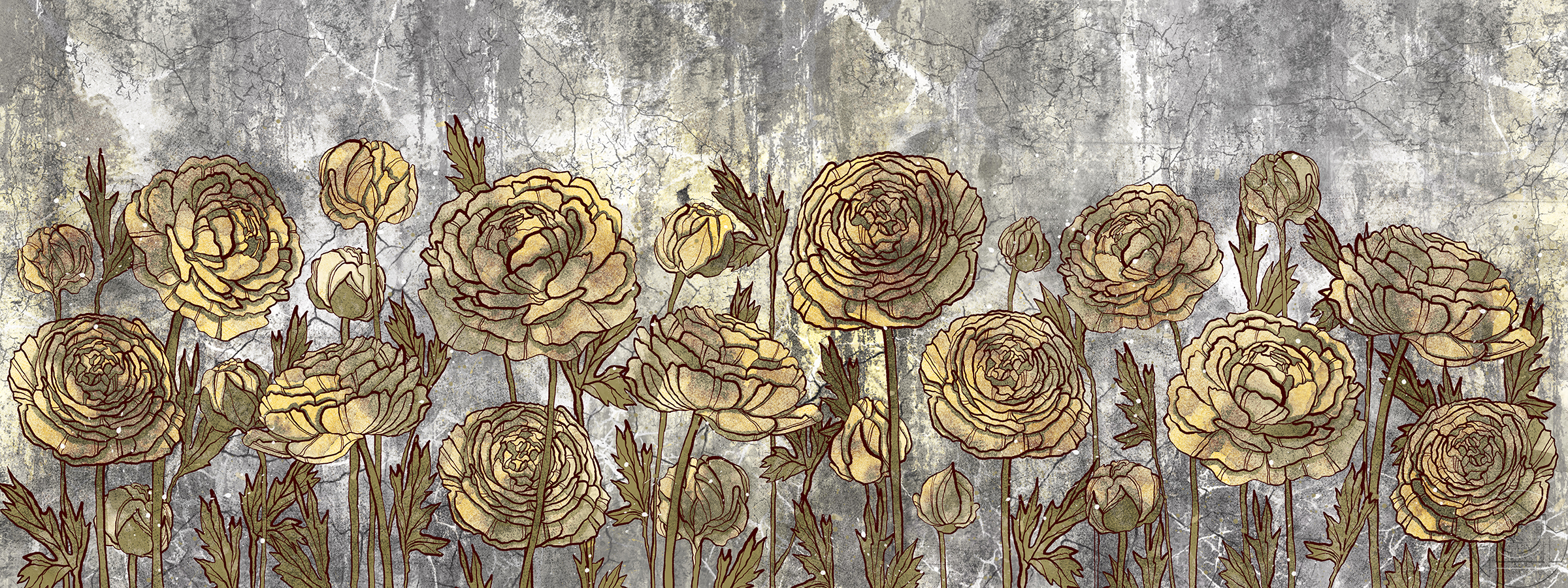 Рисованные цветы на фоне бетонной стены