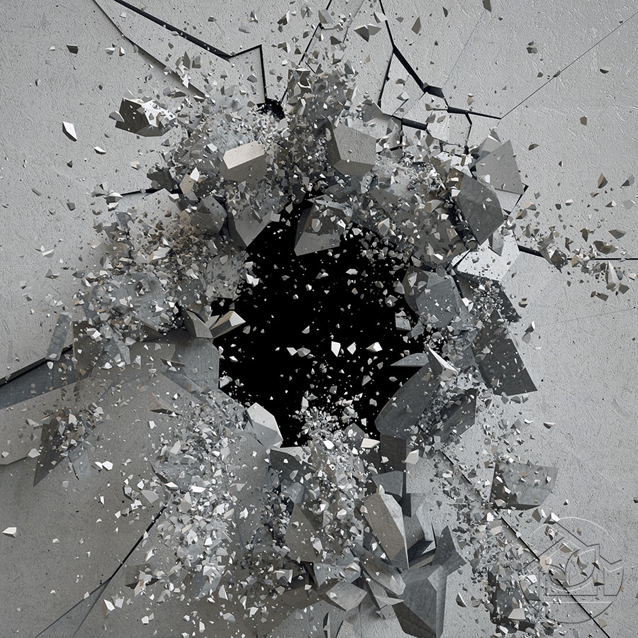 3D абстракция взрыва в стене с мелкими осколками