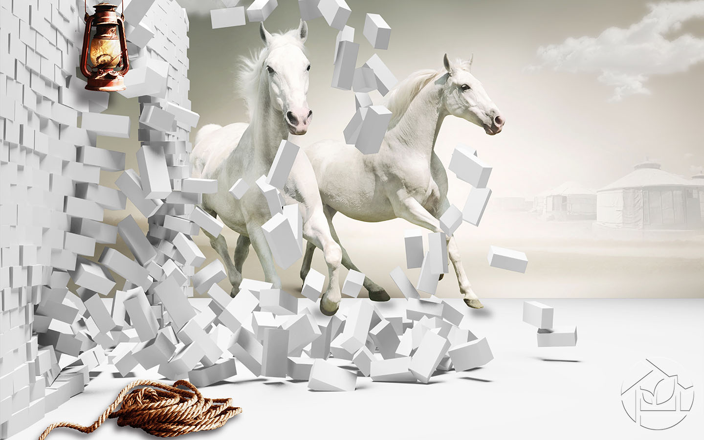 3D Белые кони и падающая стена