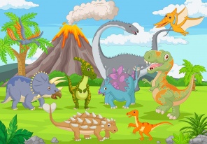 веселые динозаврики на лужайке у вулкана