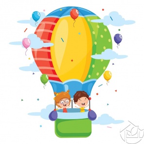 счастливые дети летят на воздушном шаре