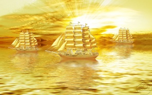 Золотые корабли на фоне восхода