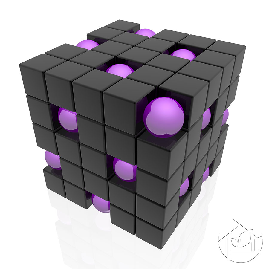 Серый кубик-рубик и фиолшетовые шары
