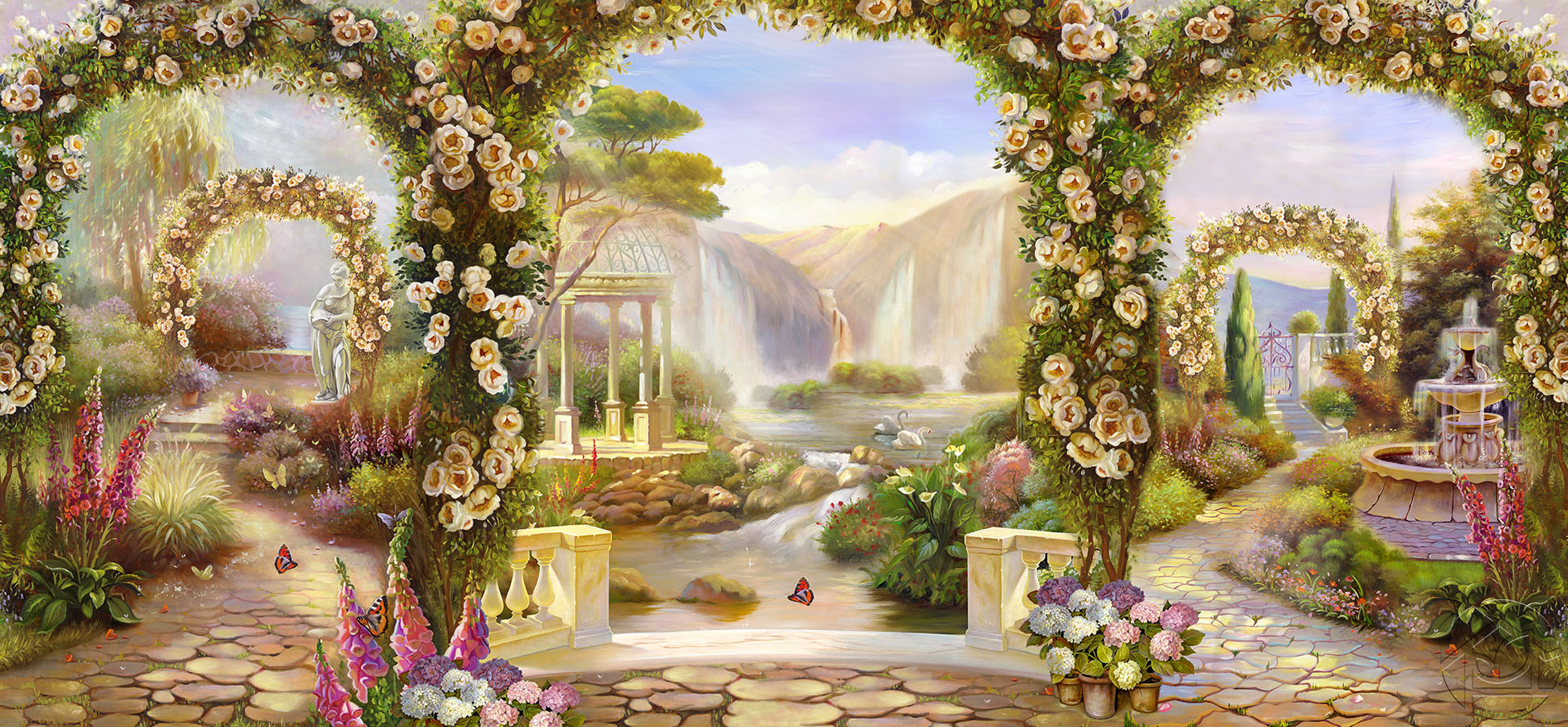 Рисунок красивая цветочная арка с видом на водопады и фонтан
