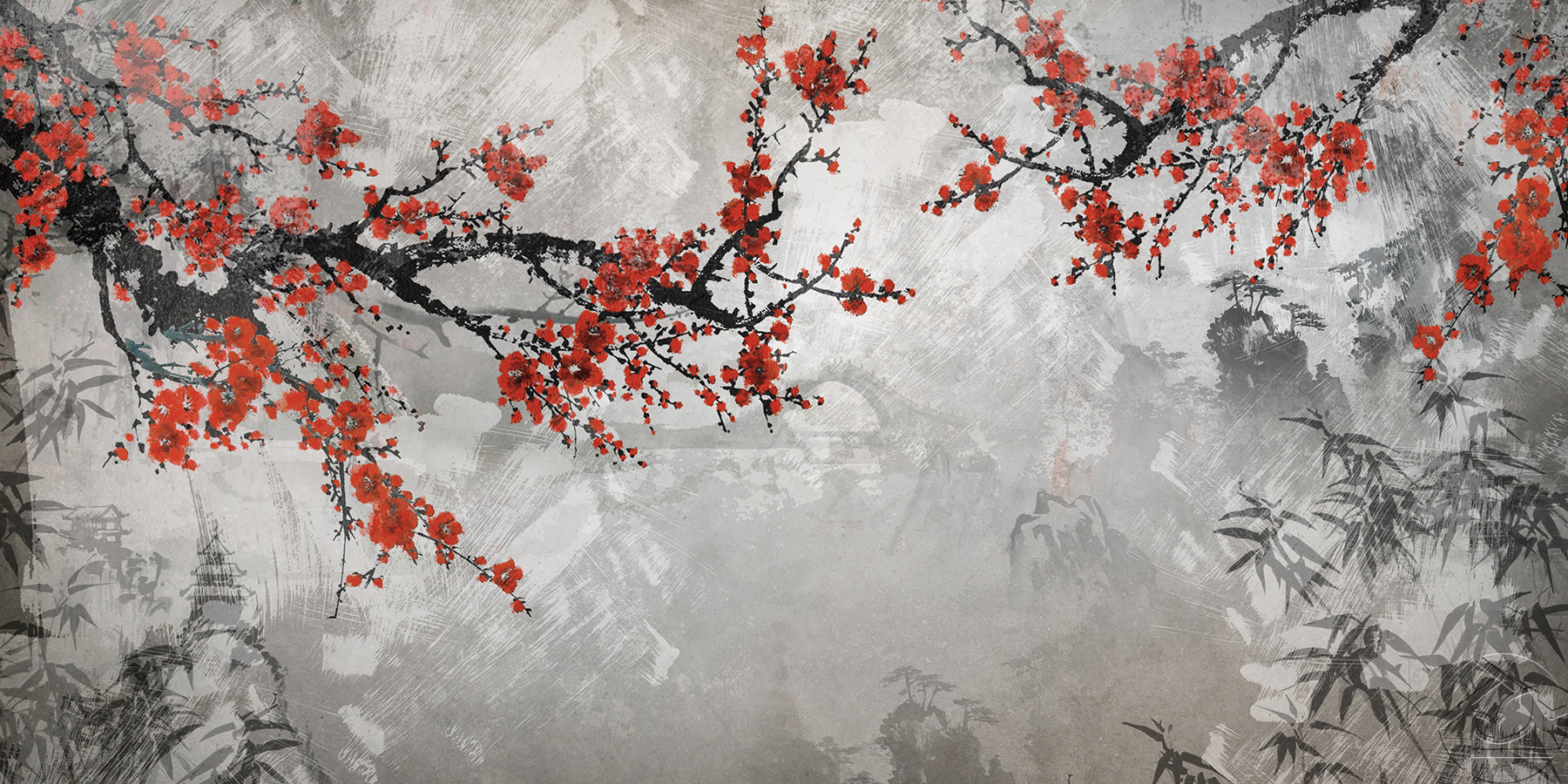 Цветущее дерево на потертом фоне в японском стиле