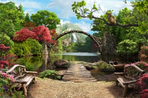 Скамейки у озера с горбатым мостом