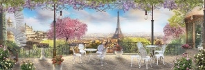 Цветочная терраса с белыми столиками с видом на Париж