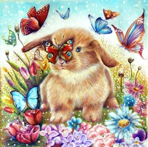 Рисунок: красивые бабочки вокруг зайчонка