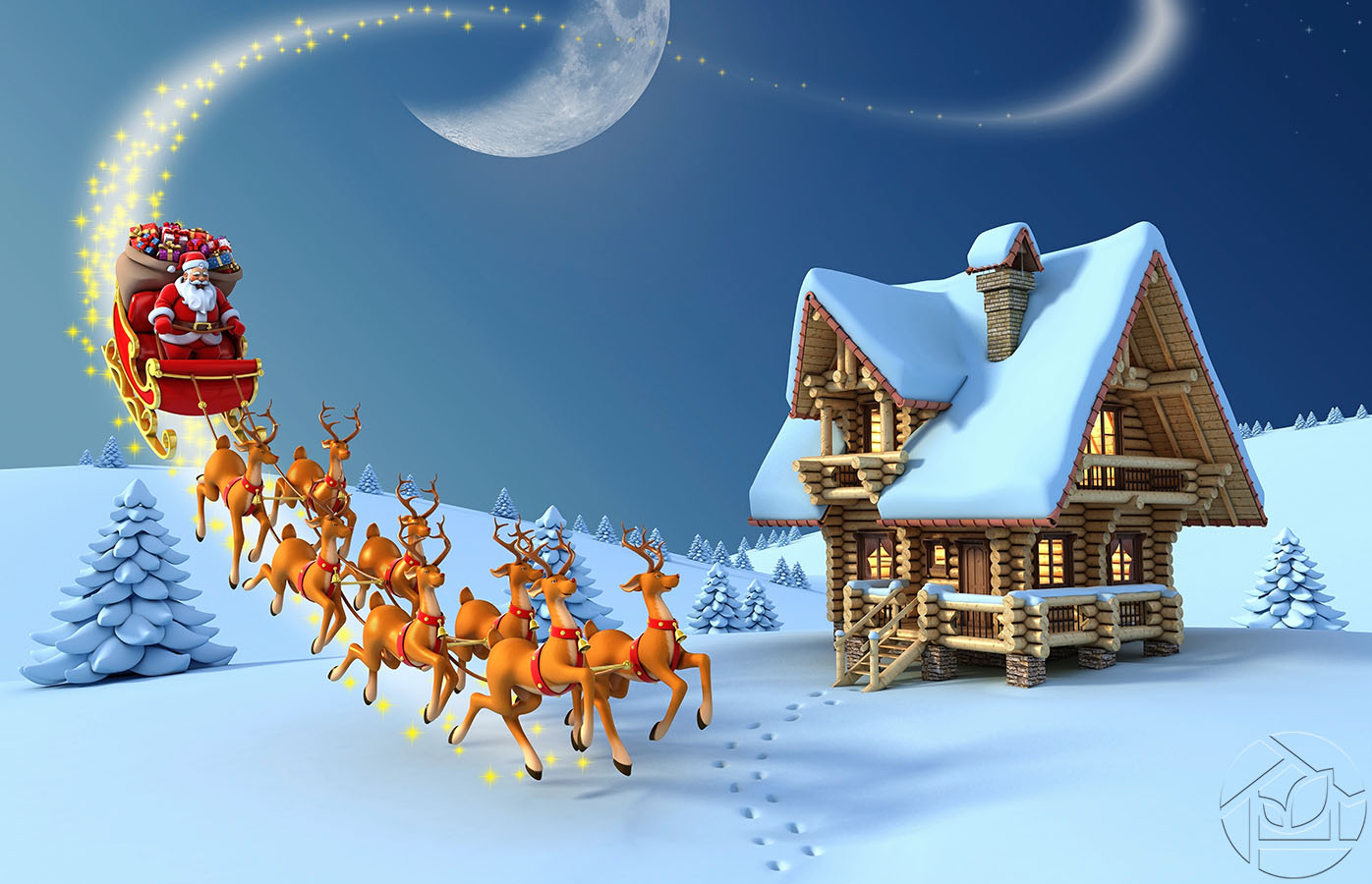 3D Санта-Клаус и упряжка с оленями
