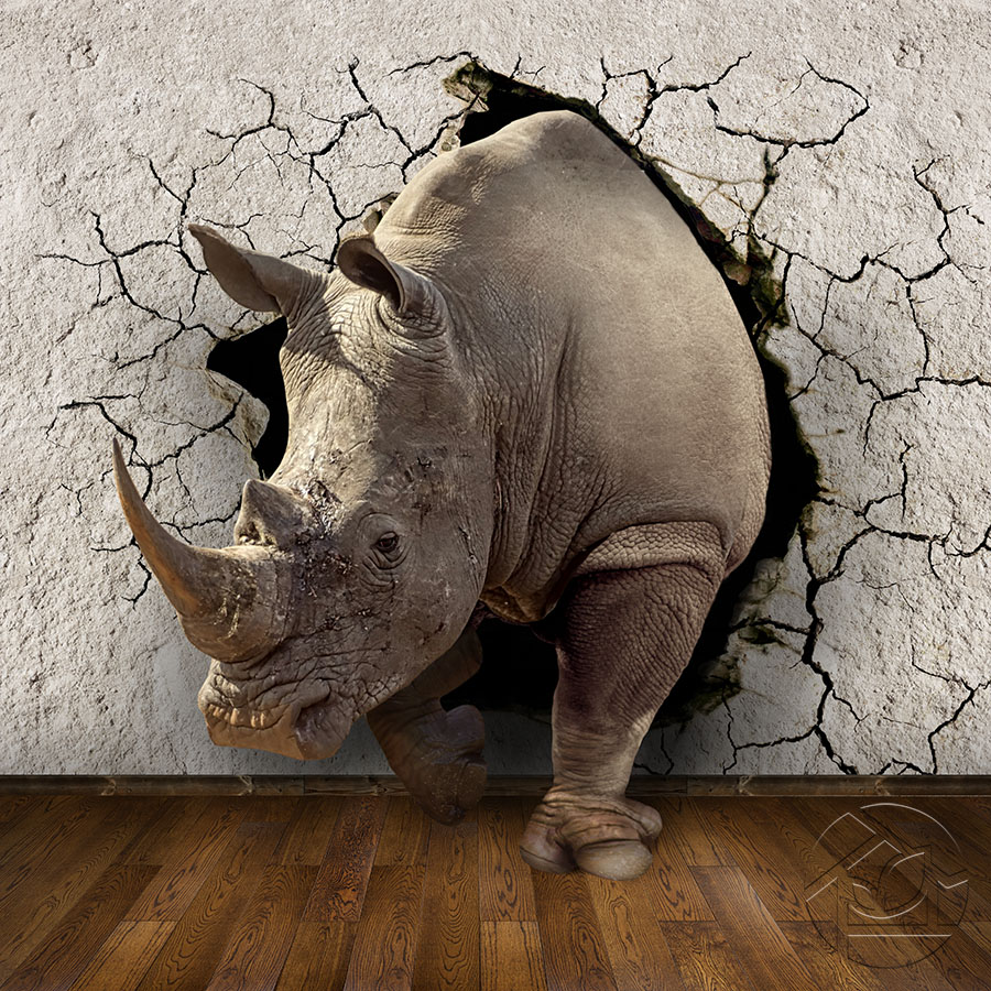 3D сломанная стена носорогом