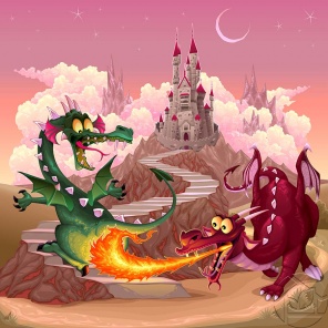 веселые драконы бегут наперегонки к замку
